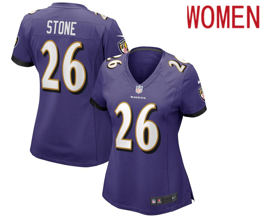 Women Baltimore Ravens #26 Geno Stone Nike Purple Game NFL Jersey->women nfl jersey->Women Jersey